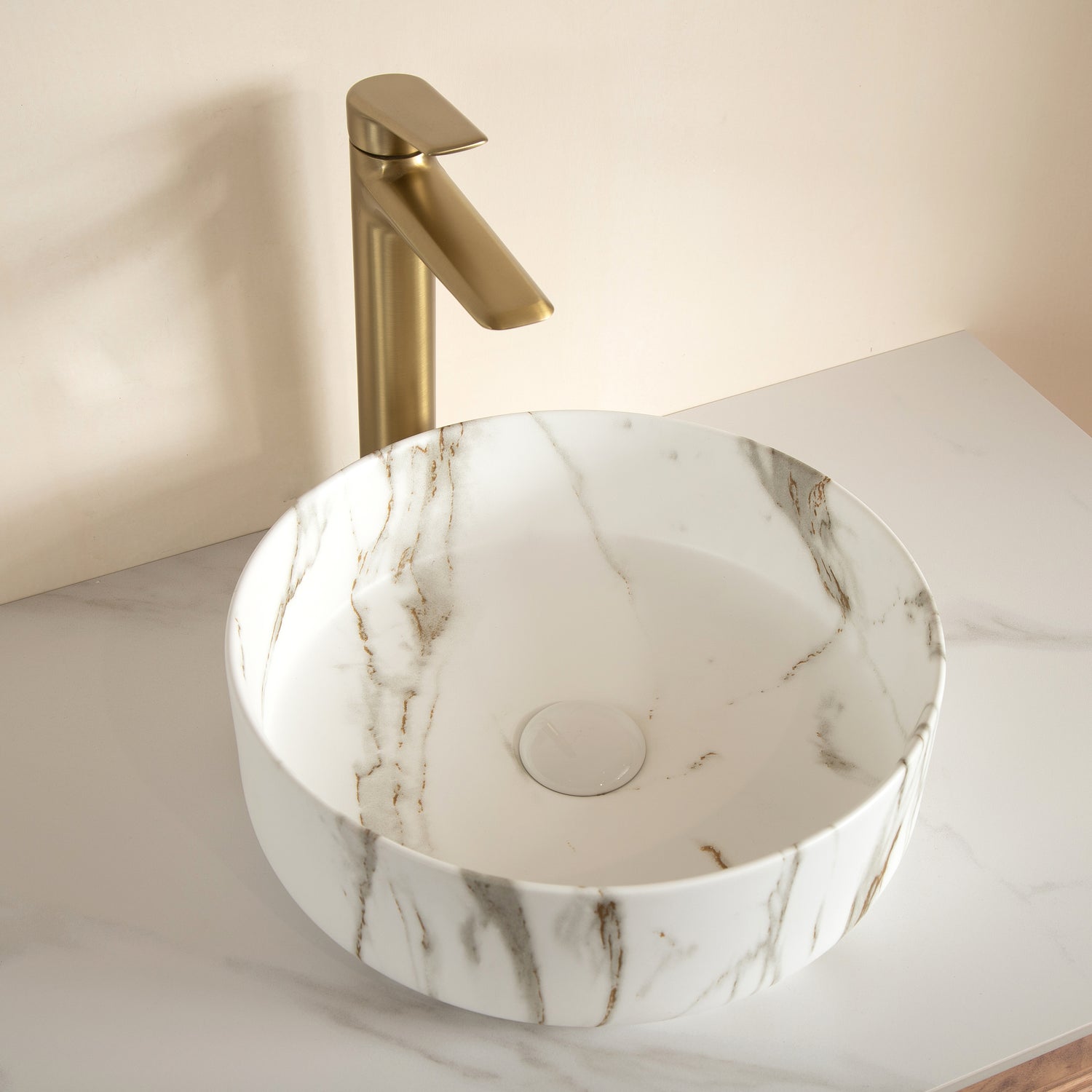 White Ceramic Round Above-Counter Vessel Sink with Stone Pattern detailed stone-patterned interior drain hole