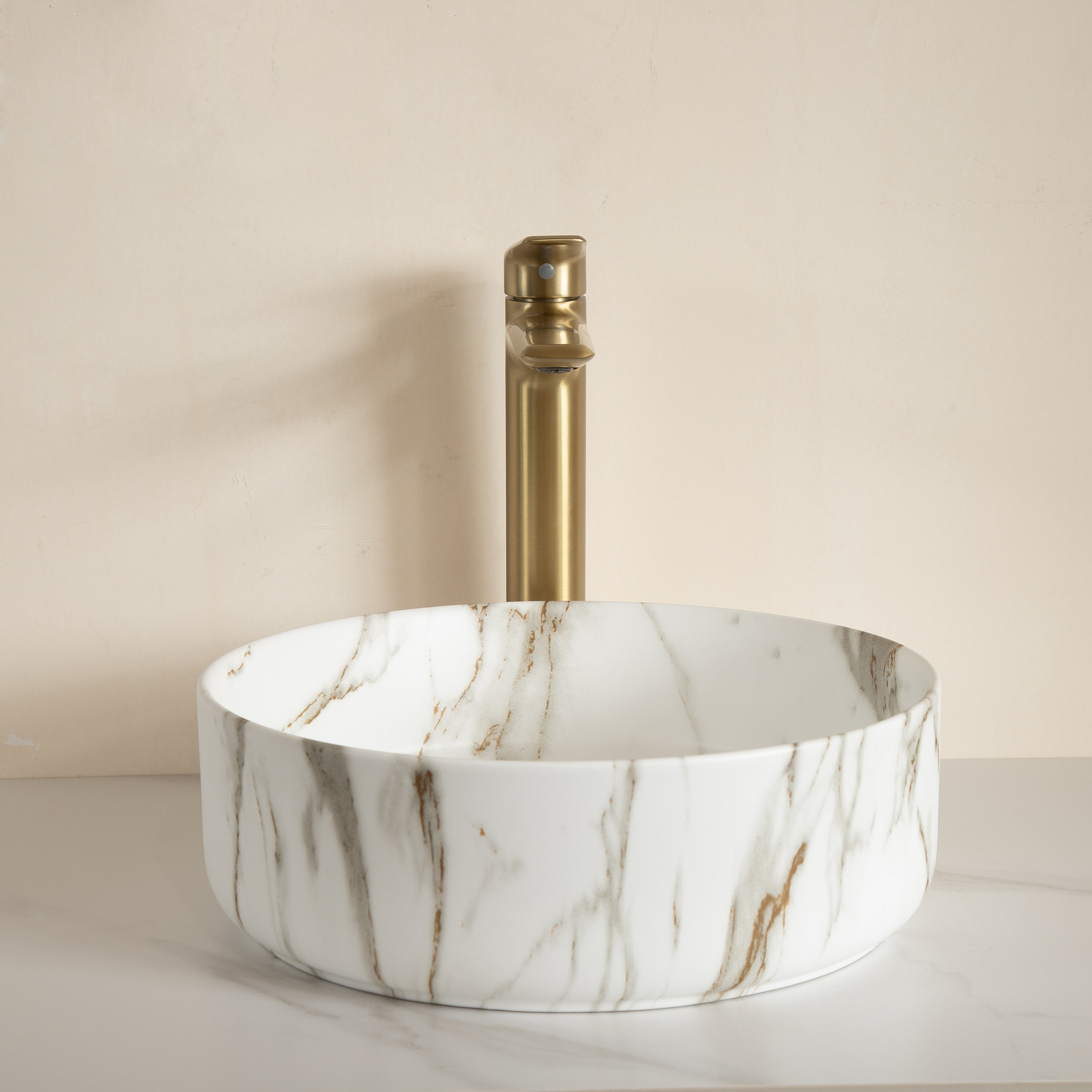White Ceramic Round Above-Counter Vessel Sink with Stone Pattern front view round stone-patterned exterior