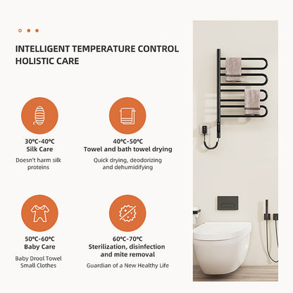 Illustration of the different temperature settings for a modern matte black wall mounted bathroom towel warmer
