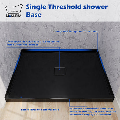 Integrated 3-sided tile flange on 48" x 36" solid black acrylic shower pan