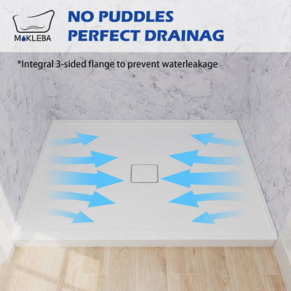 Integrated 3-sided tile flange on white acrylic alcove shower pan to prevent water leaks