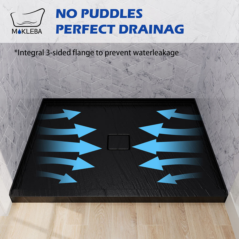 Integrated 3-sided water barrier flange on black alcove shower base