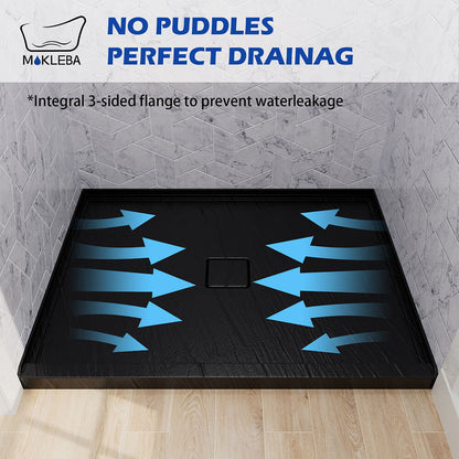 Integrated 3-sided water barrier flange on black alcove shower base