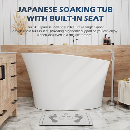 51&quot; Single Slipper Freestanding Japanese Soaking Bathtub Solid Surface Stone Resin Tub with Built-in Seat