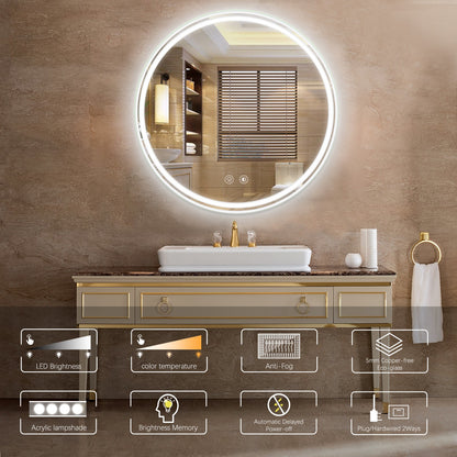 LED Round Bathroom Mirror with Anti-Fog 24 In