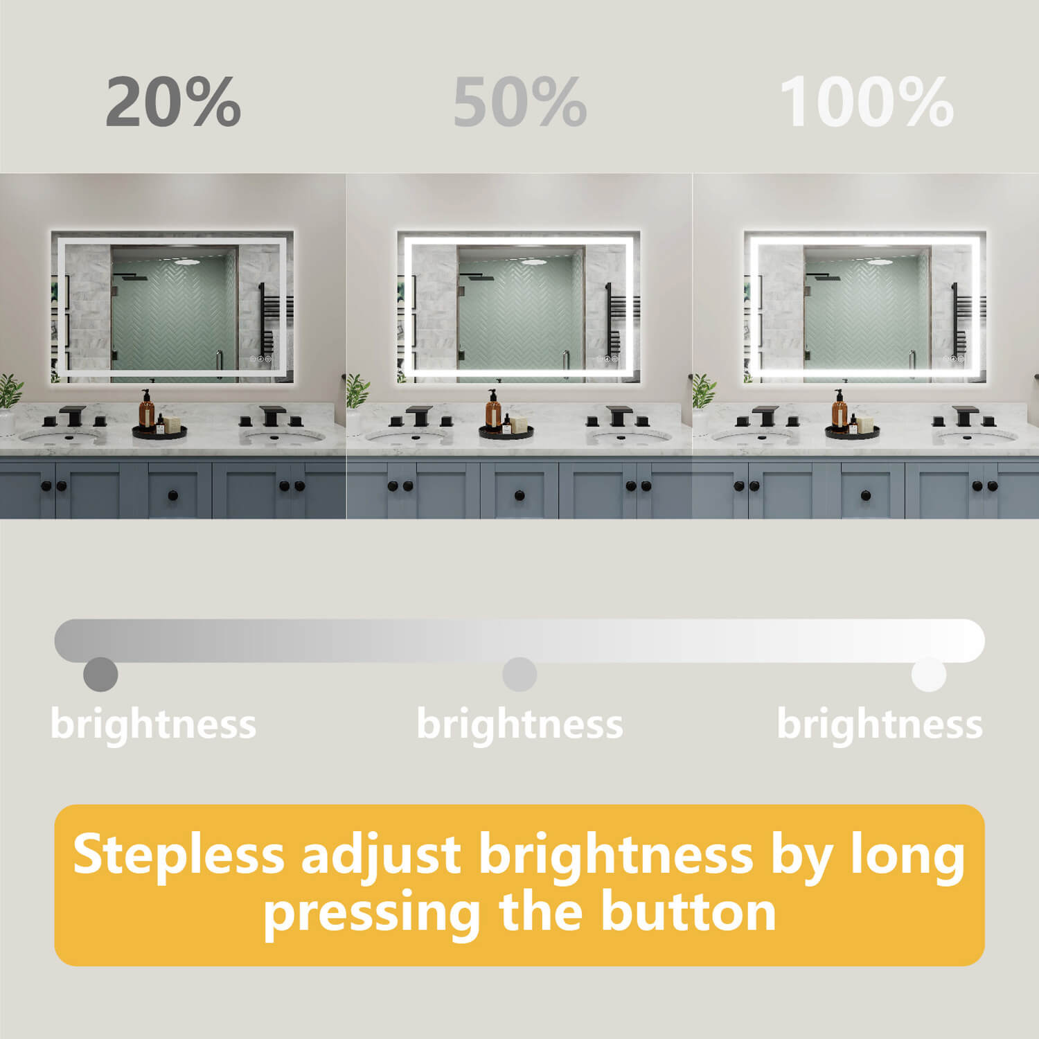 LED bathroom mirror stepless brightness adjustment 20 50 100 percent demo