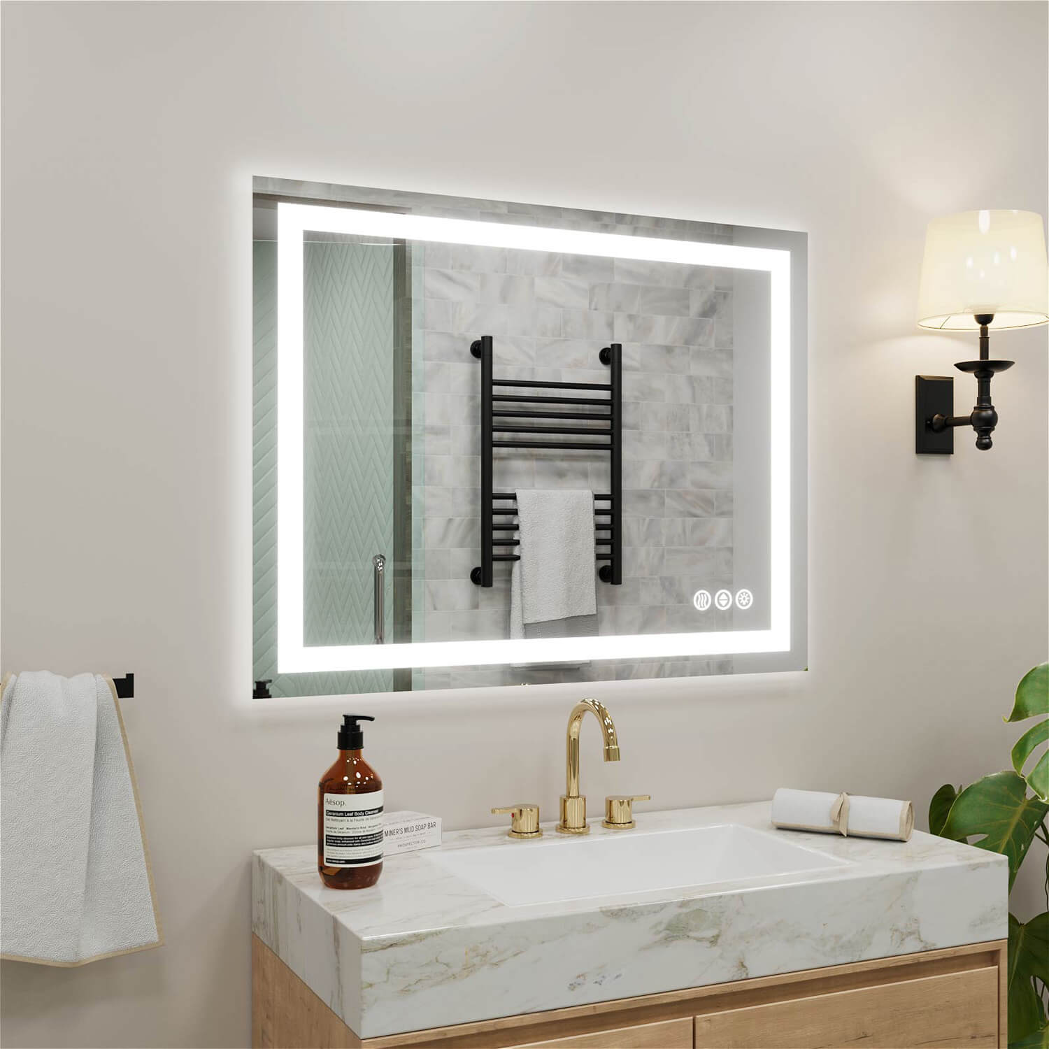LED bathroom mirror with anti-fog feature and LED border lighting touch controls