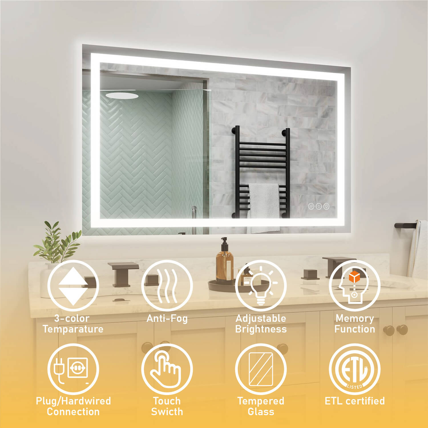 LED bathroom mirror with anti fog dimmable and memory function ETL certified