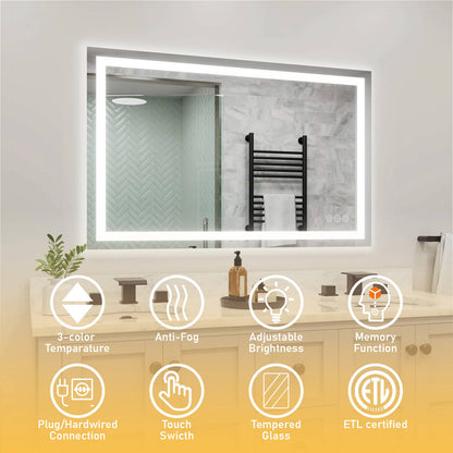 LED bathroom mirror with anti fog dimmable and memory function ETL certified