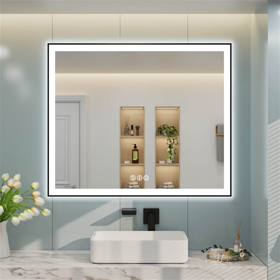 LED bathroom mirror with black frame and bottom-middle touch controls