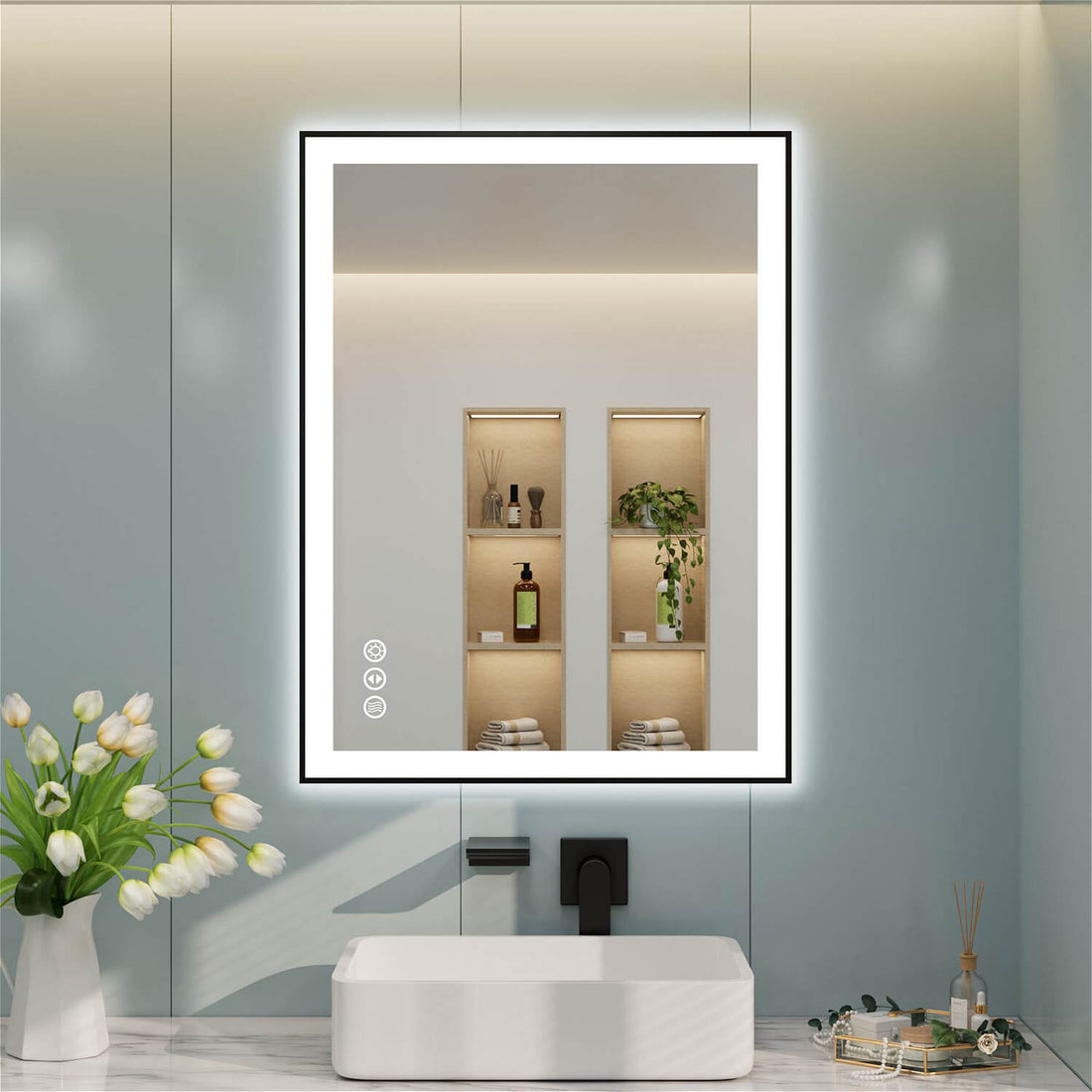 LED bathroom mirror with black frame and left-side touch controls