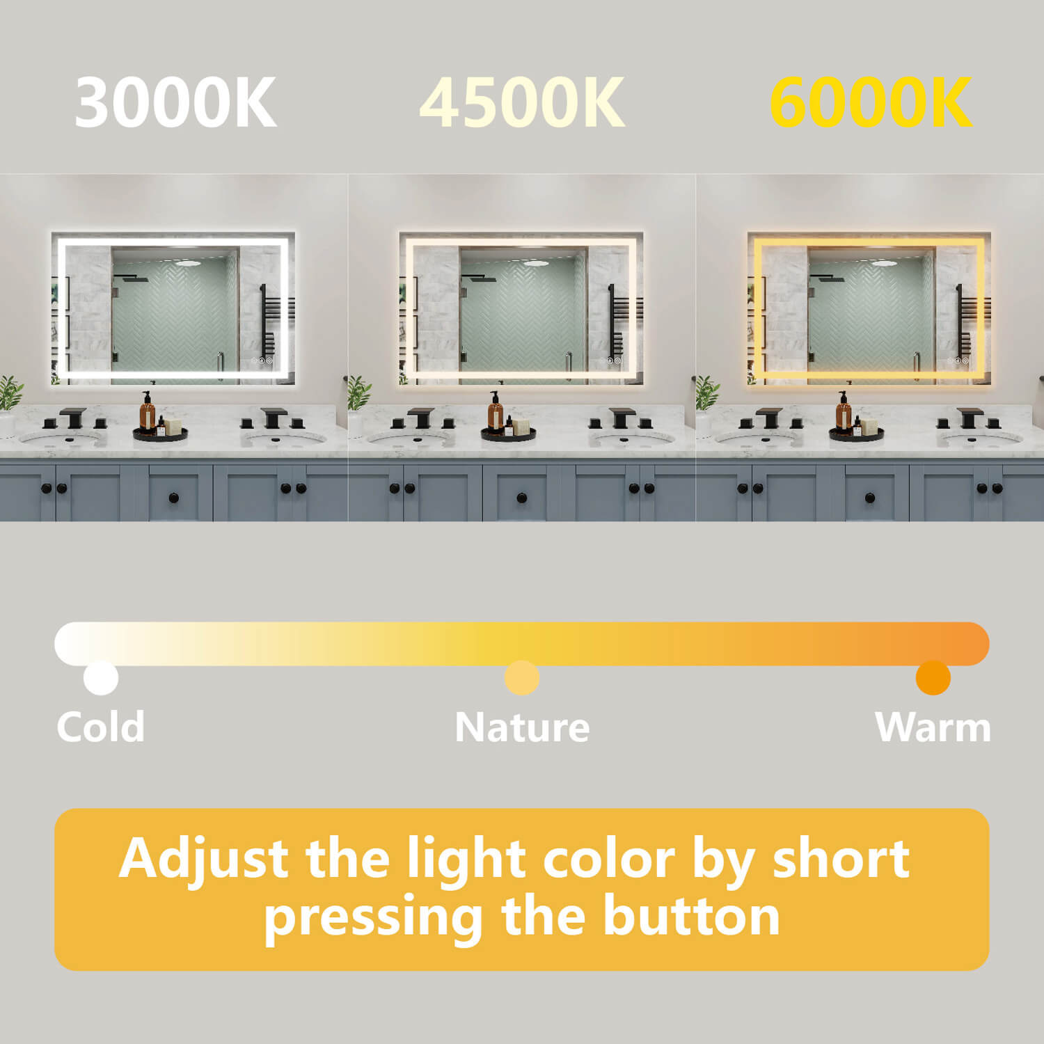 LED vanity mirror 3 color temperature 3000K 4500K 6000K switch display