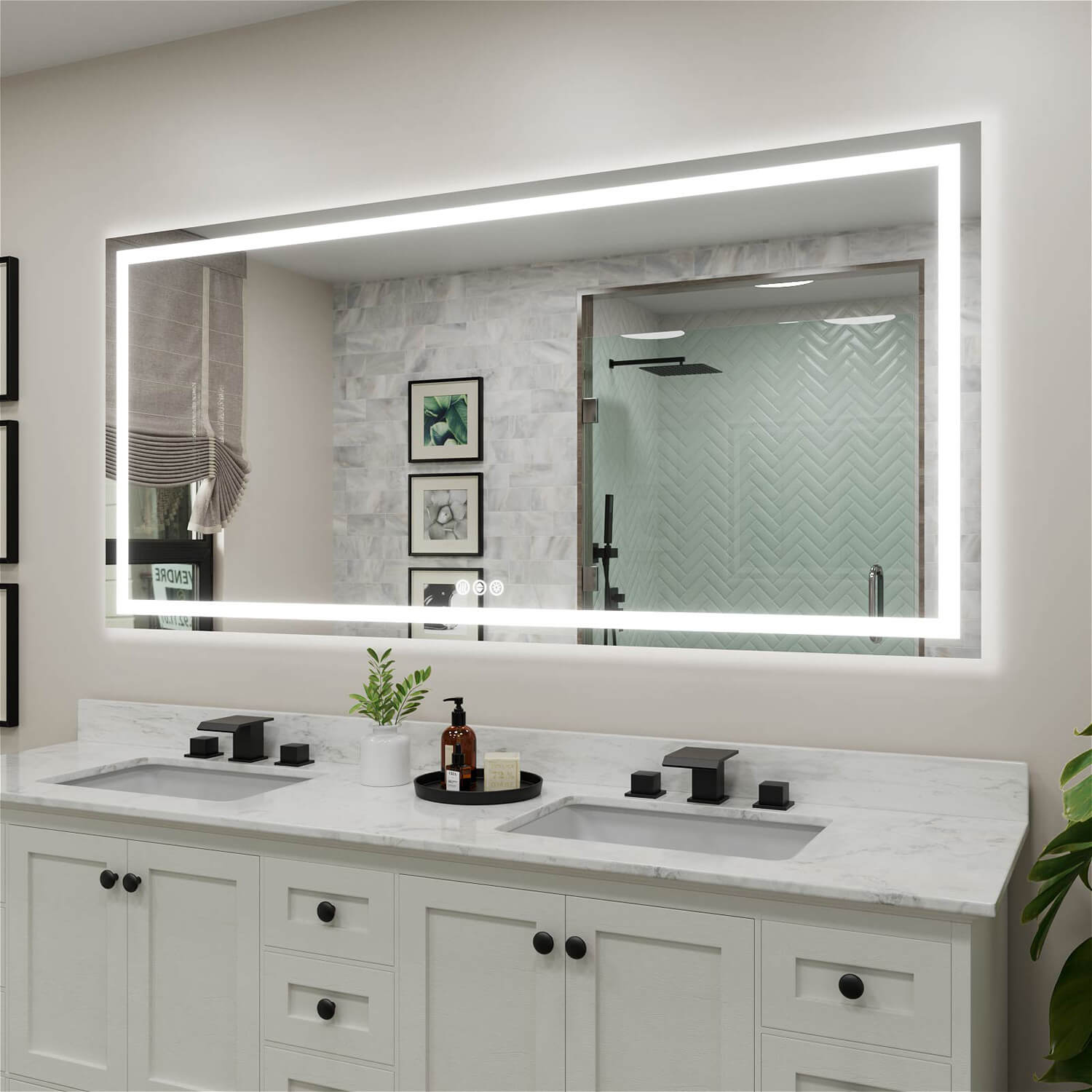 Large LED vanity mirror with perimeter light strip and touch controls at the bottom left