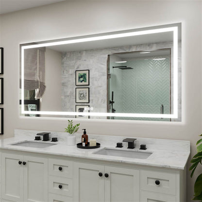 Large LED vanity mirror with perimeter light strip and touch controls at the bottom left