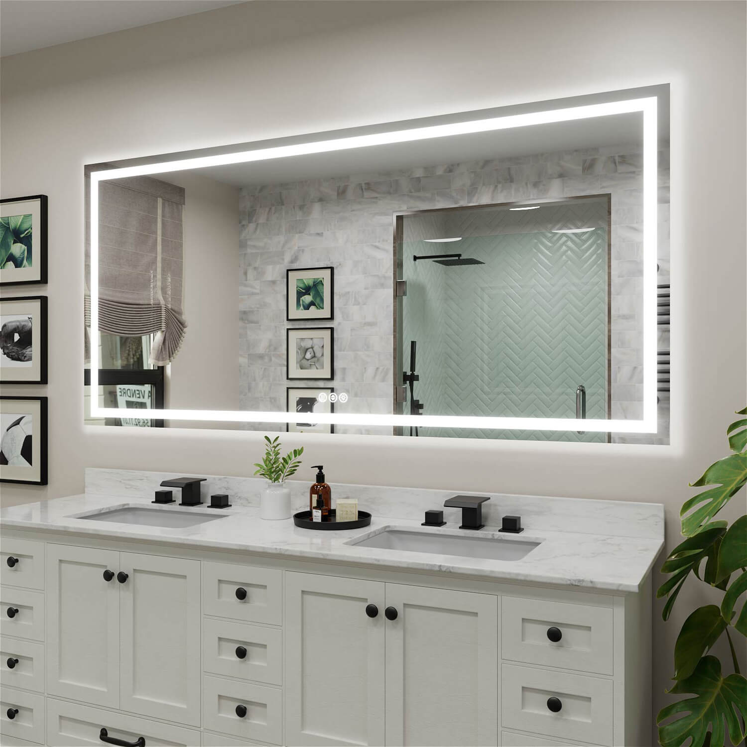 Large LED vanity mirror with perimeter light strip and touch controls at the bottom right