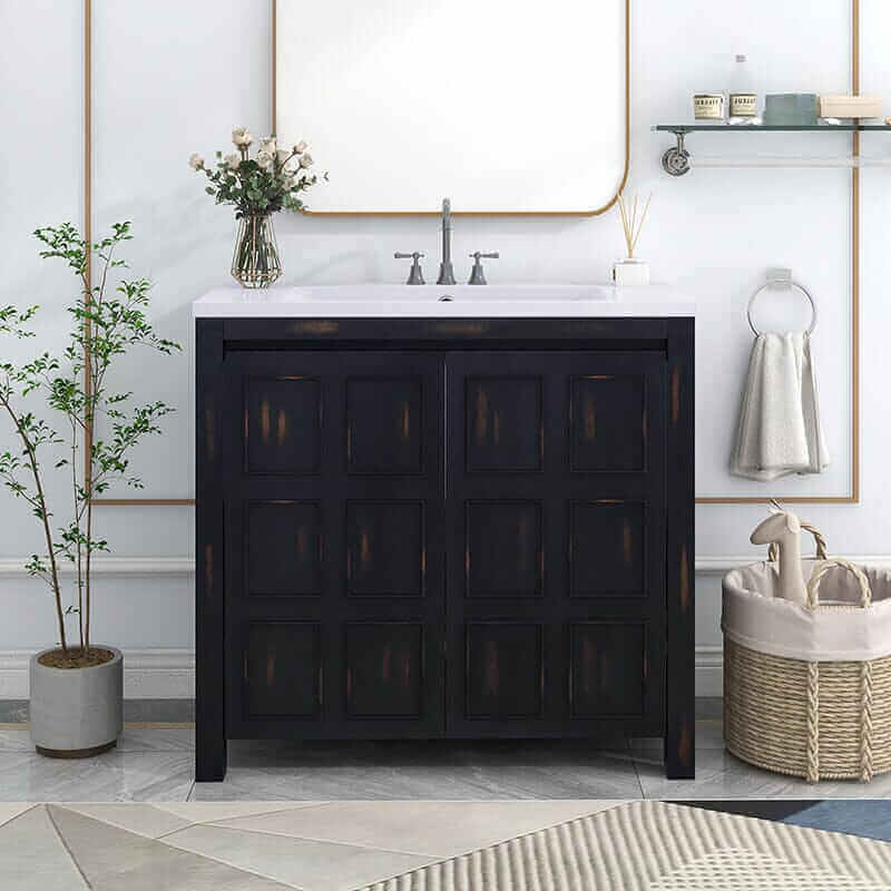 Large distressed one-piece black bathroom vanity