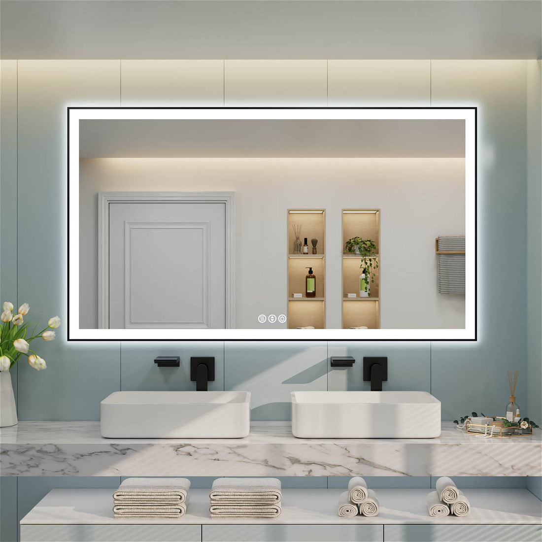 Large dual sink rectangular LED bathroom mirror with bottom-middle touch controls