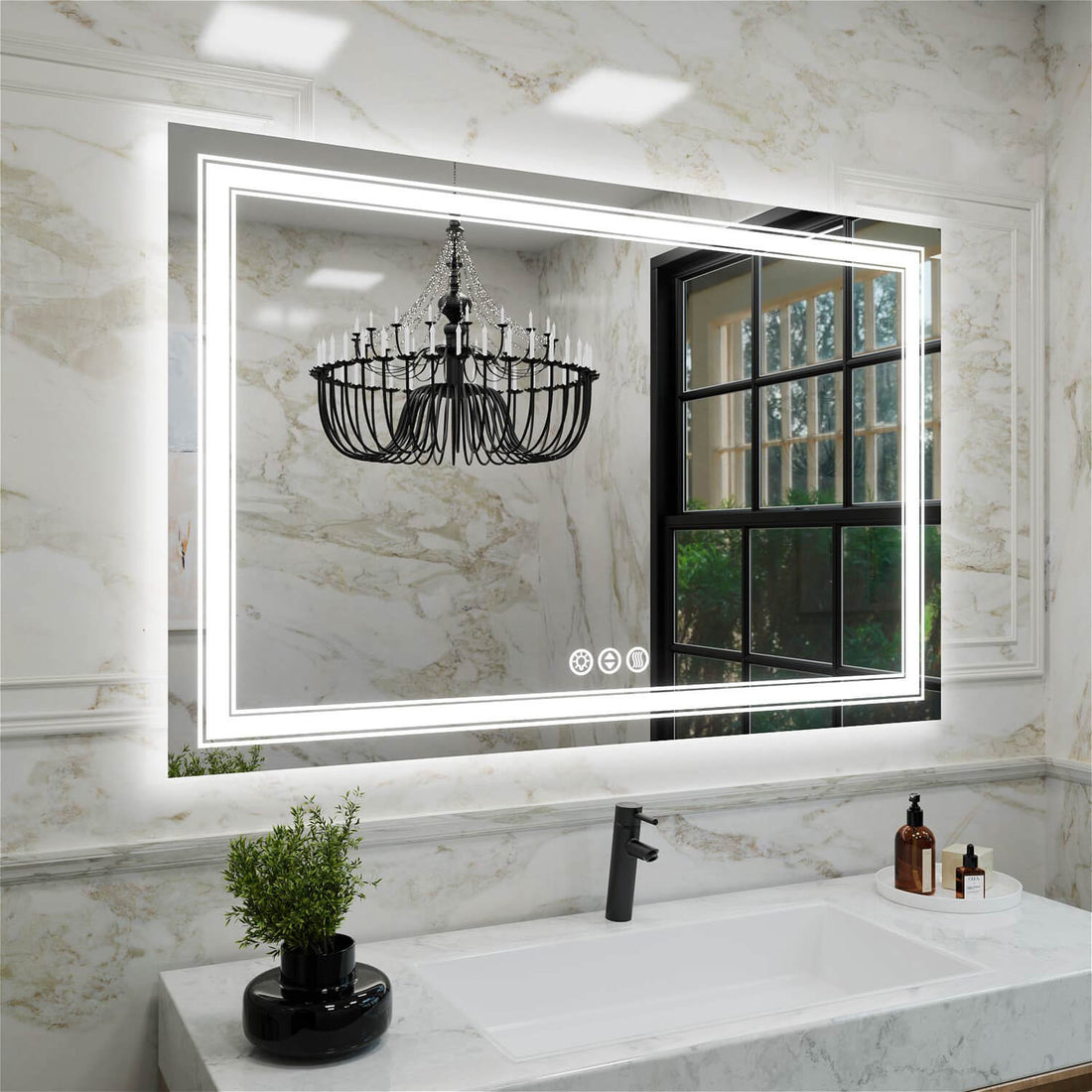 Large frameless LED bathroom mirror with dual LED strips and color temperature adjustment