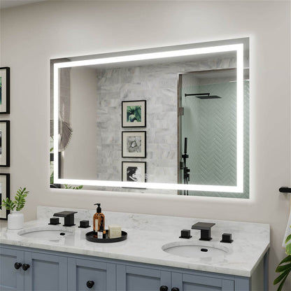 Large rectangular LED bathroom mirror with perimeter light strip and touch sensors