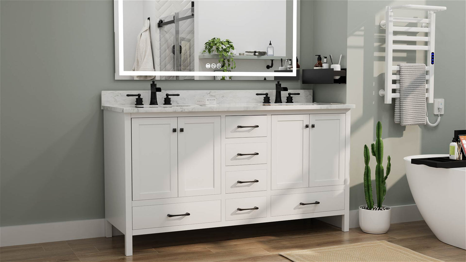 Large size white bathroom vanity in the bathroom