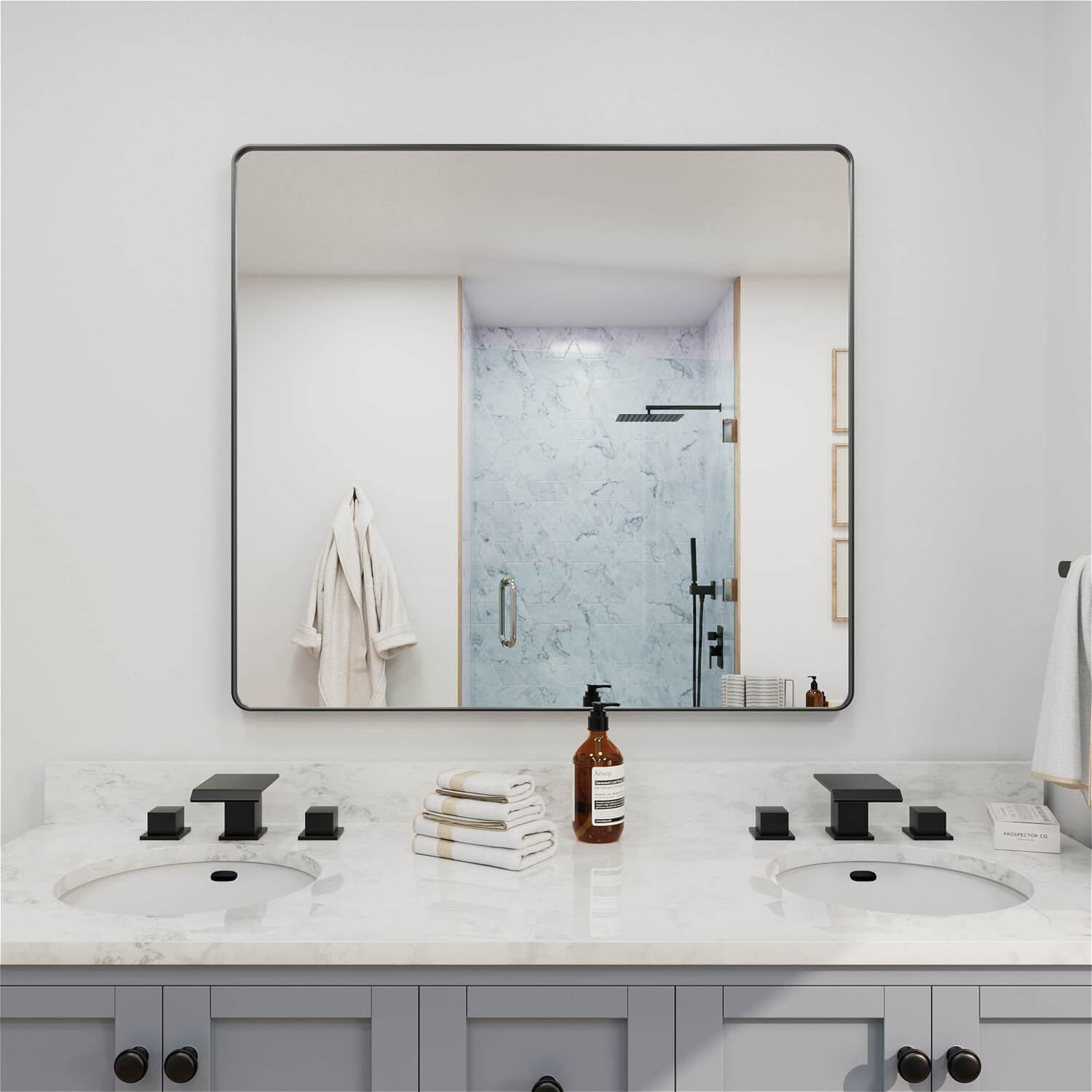 Large square black framed bathroom mirror for dual sinks
