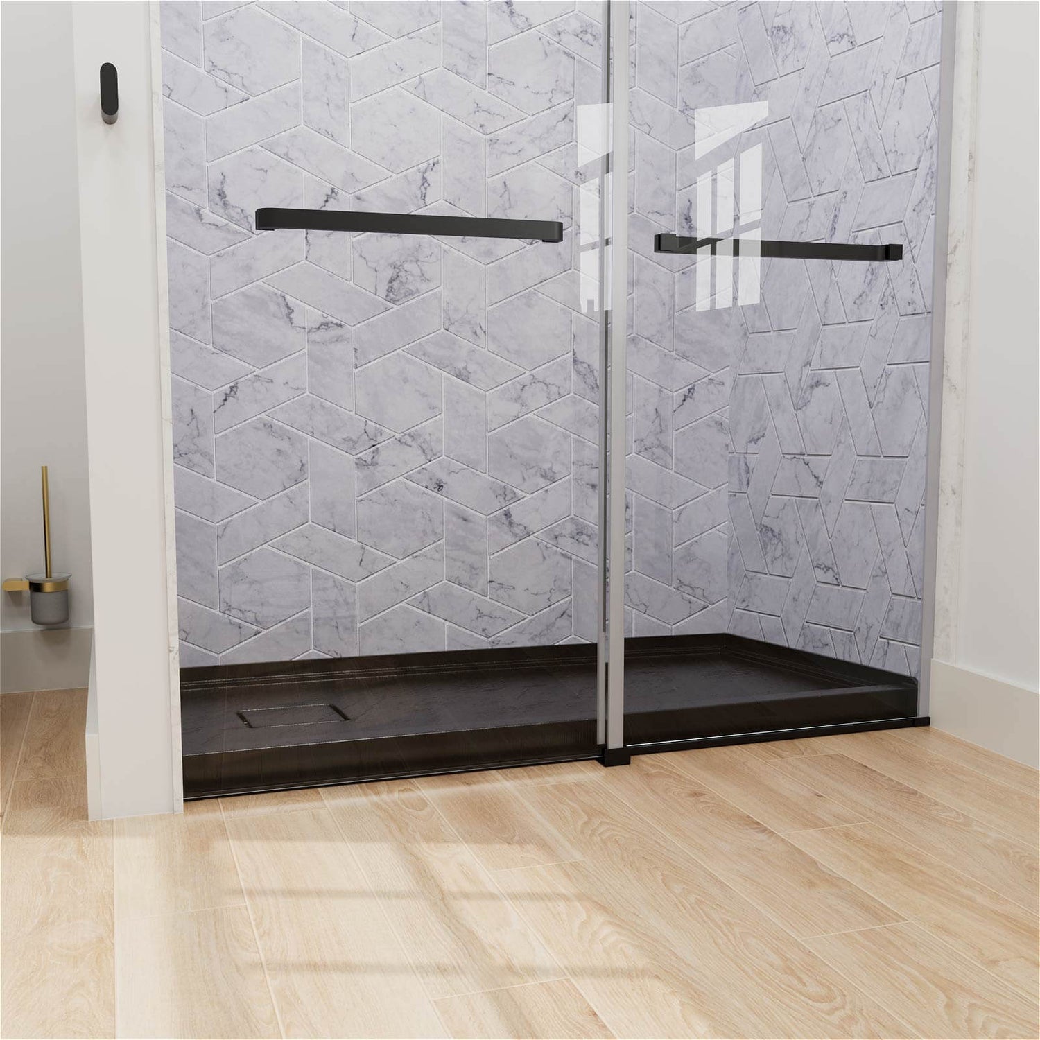 Left drain black shower pan with smooth modern finish