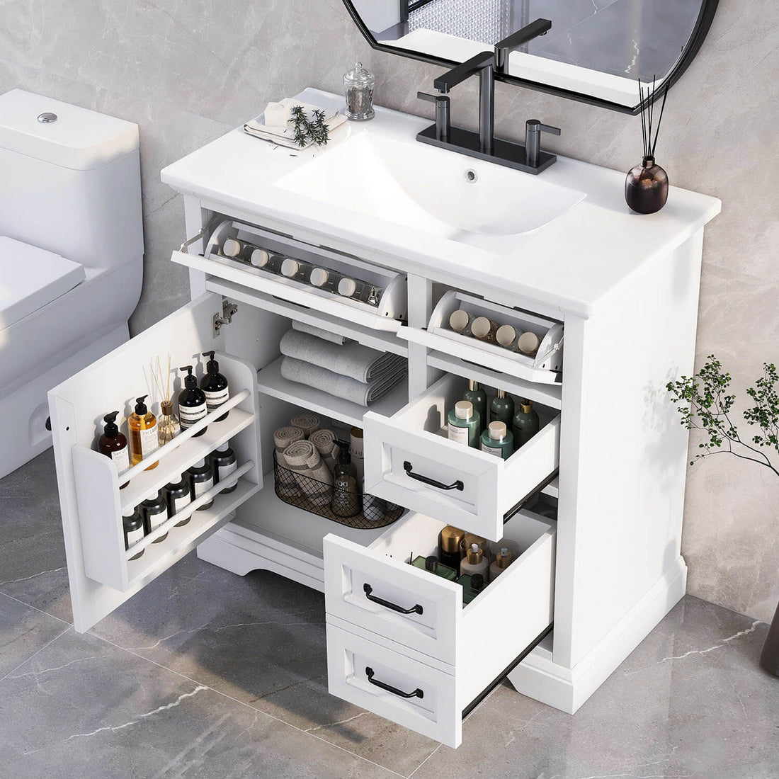 36" White Bathroom Vanity with Rubberwood Frame
