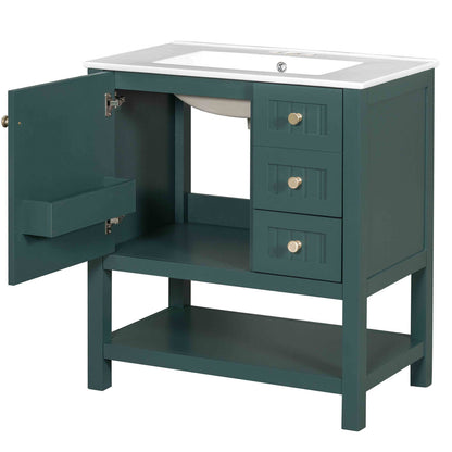 Lifestyle image of the deep green freestanding vanity in use
