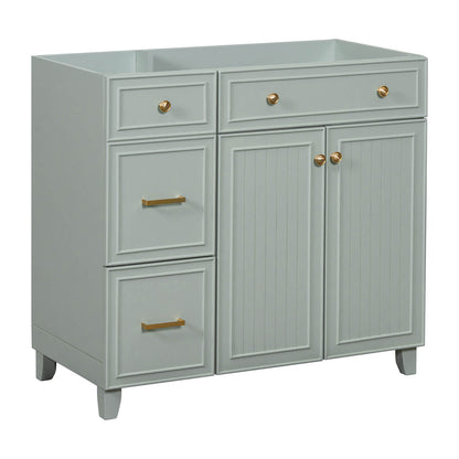 Light gray-green bathroom vanity with gold handles and adjustable shelves