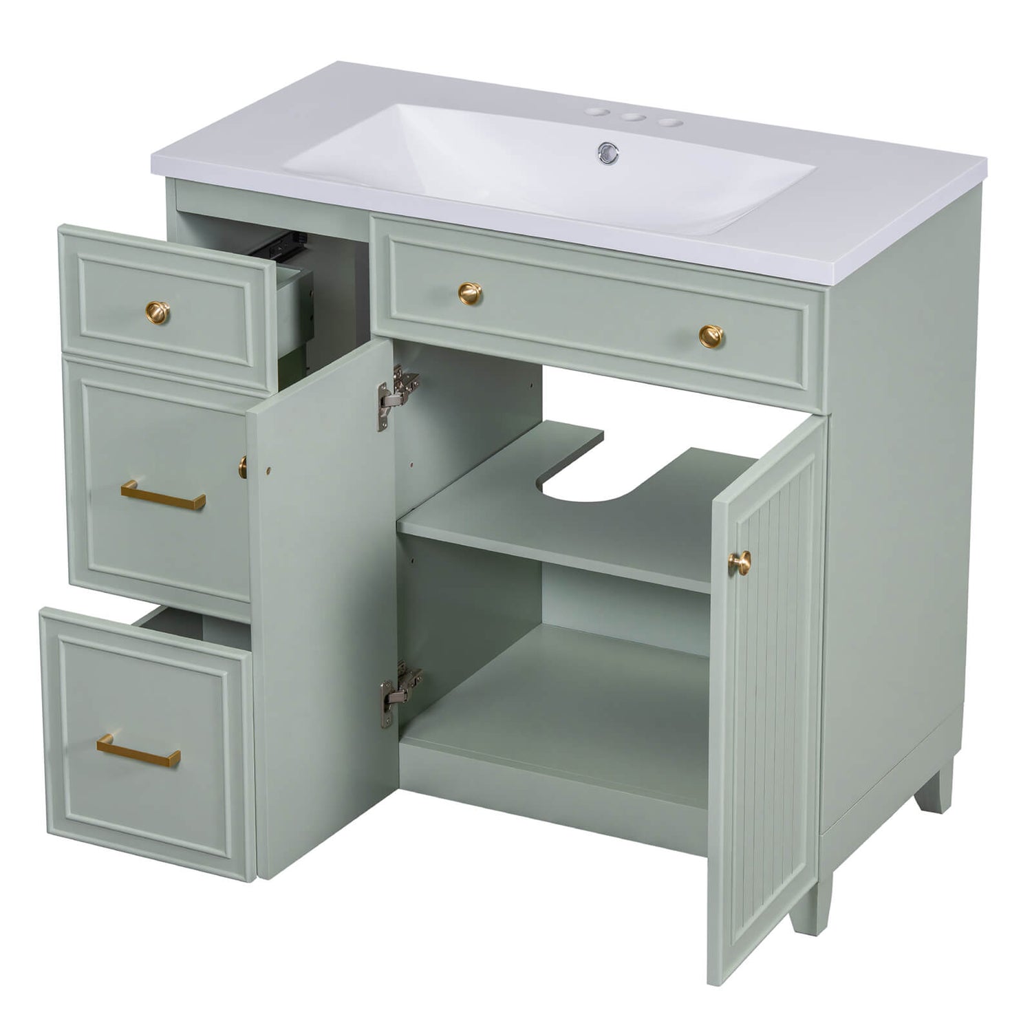 Light grey-green bathroom vanity with ample storage