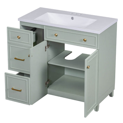 Light grey-green bathroom vanity with ample storage