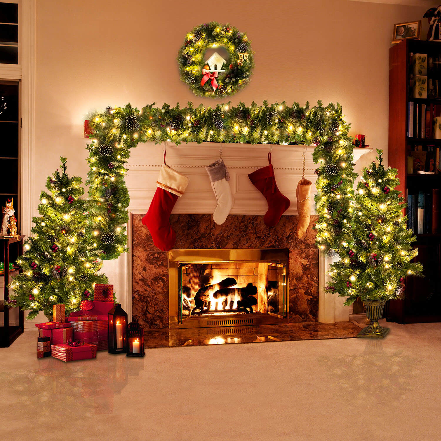 Lighted Christmas garland for entryway and mantel holiday decoration