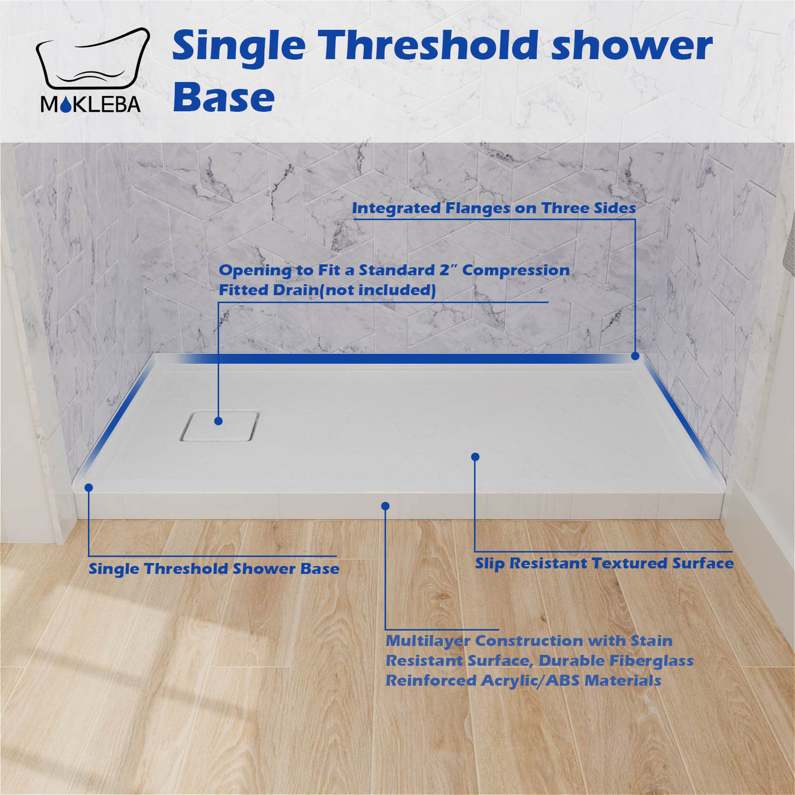Long lasting white shower pan with ABS reinforcement