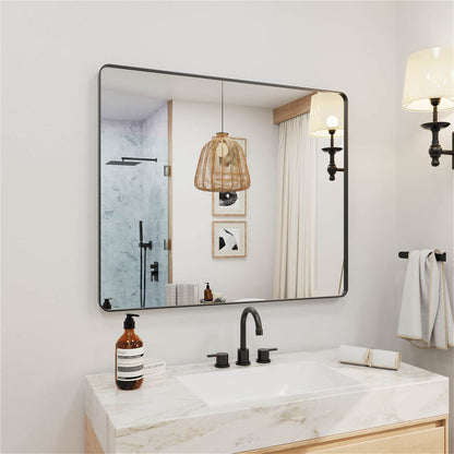 Low profile black framed rectangular bathroom mirror angled mount