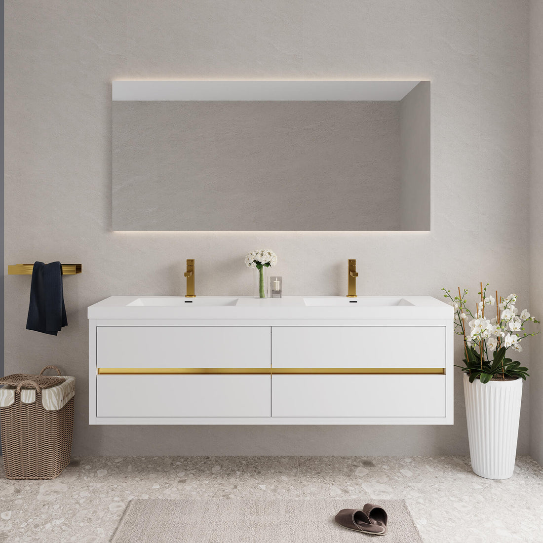 Luxurious Double Sink Vanity with Gold Accent Design