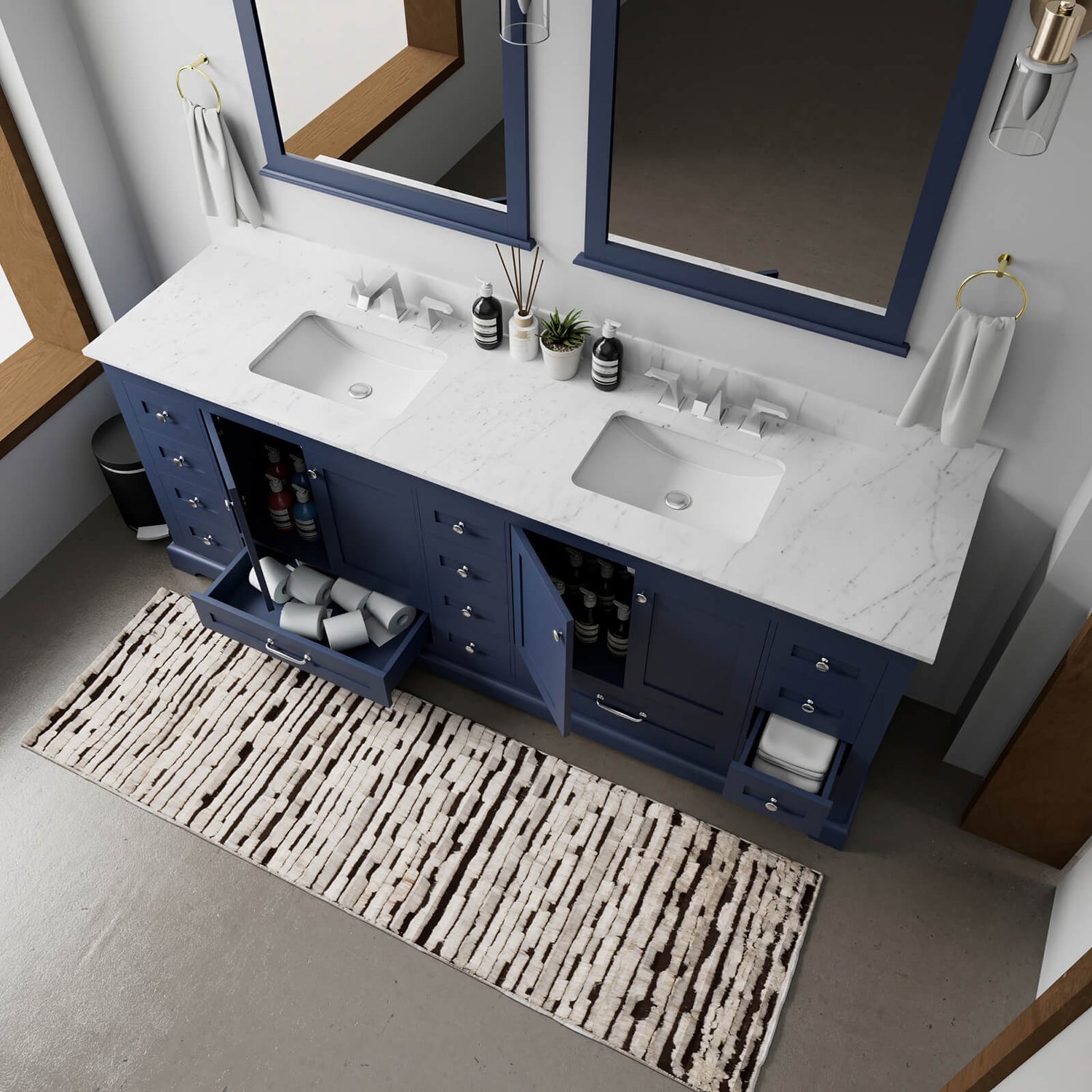 Luxury 84 inch freestanding bathroom vanity with Carrara marble and blue design