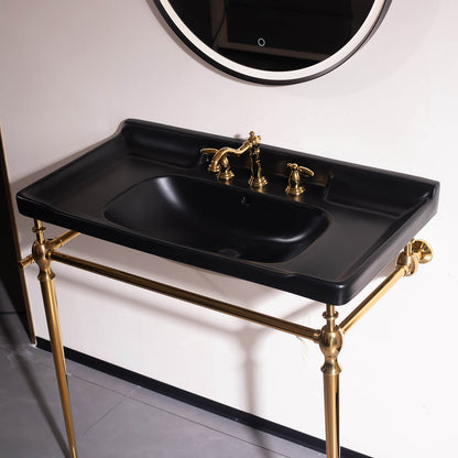 Luxury black glossy ceramic sink with gold frame   contemporary freestanding bathroom fixture