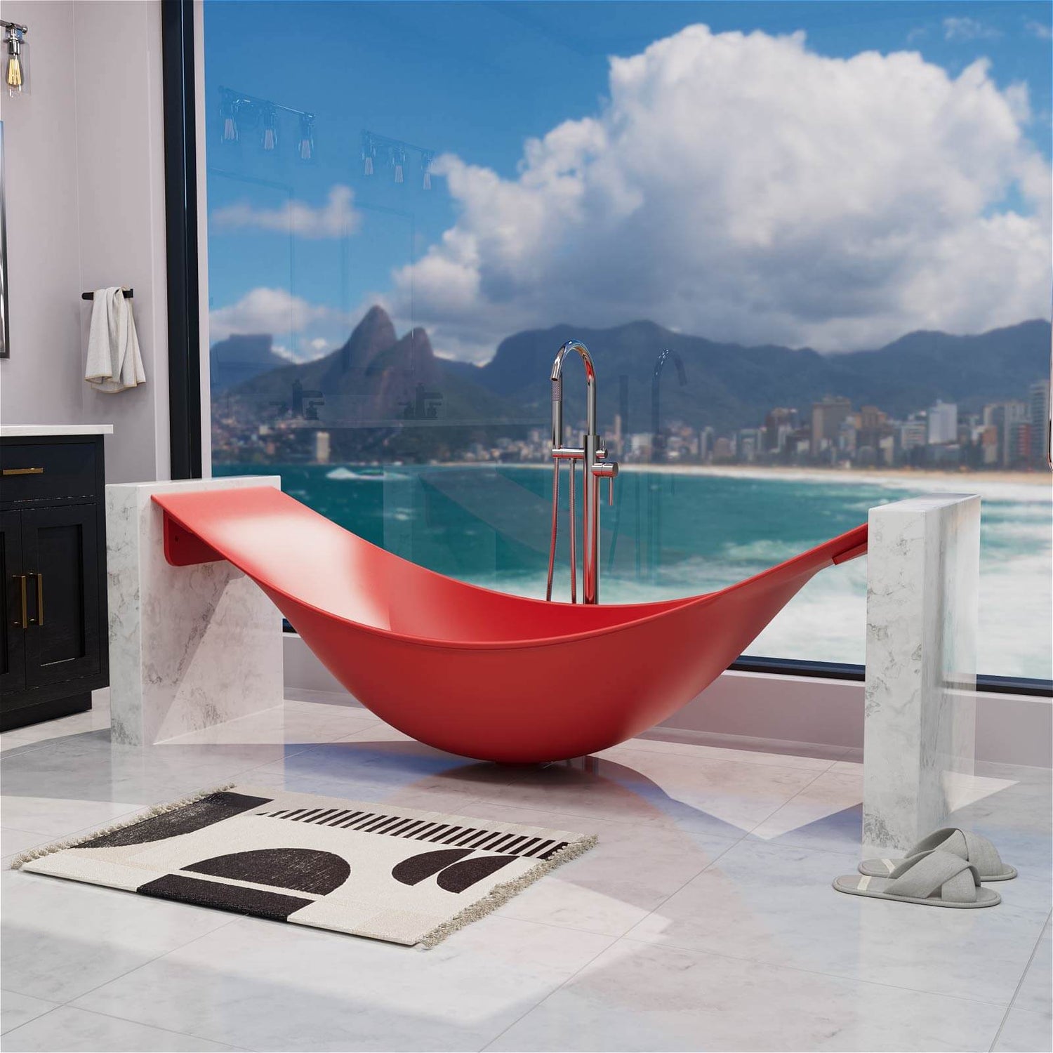 Luxury floating hammock style bathtub in bold red