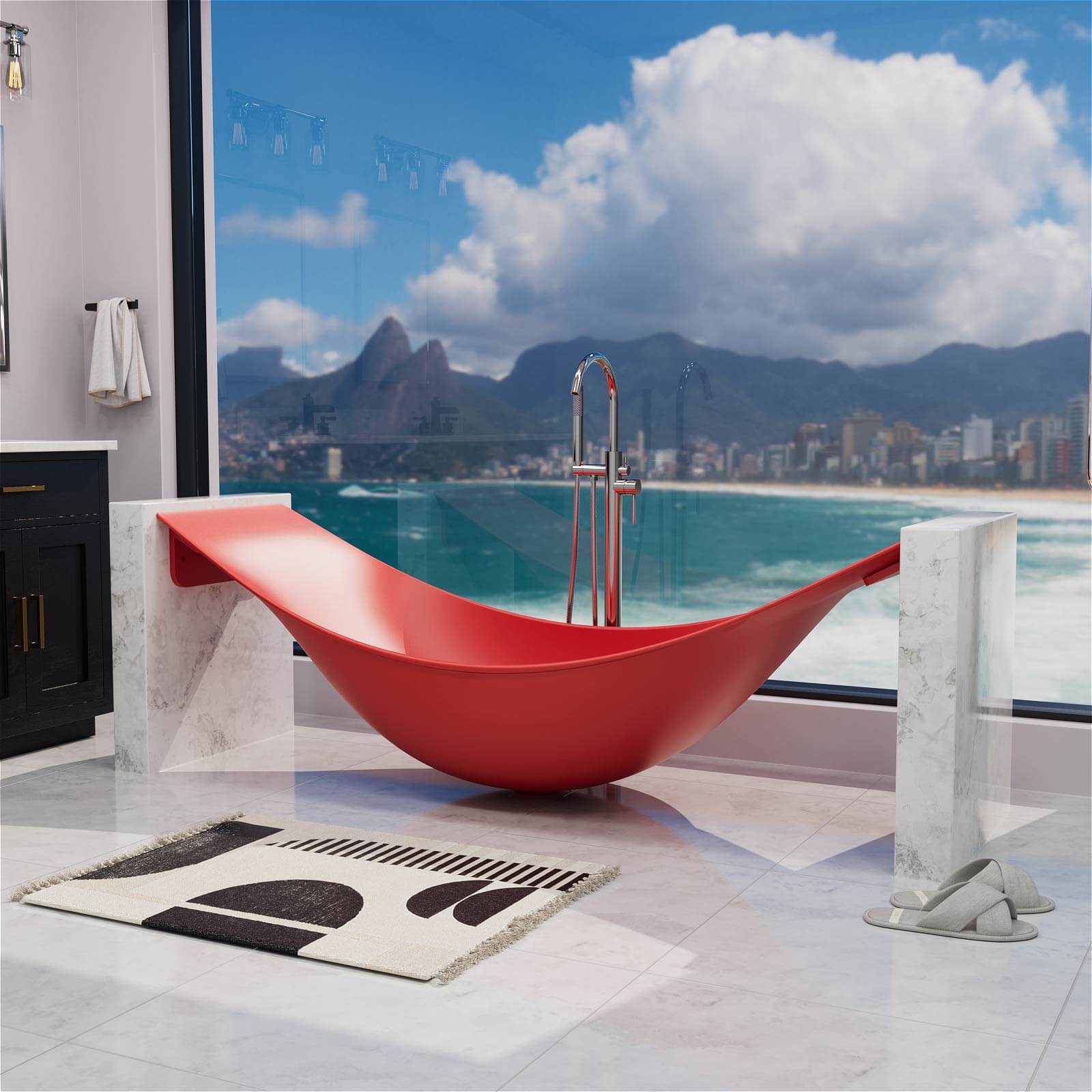 Luxury floating hammock style bathtub in bold red