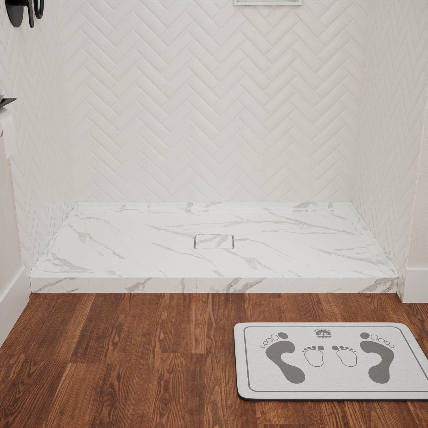 Luxury marble look acrylic shower base with single threshold