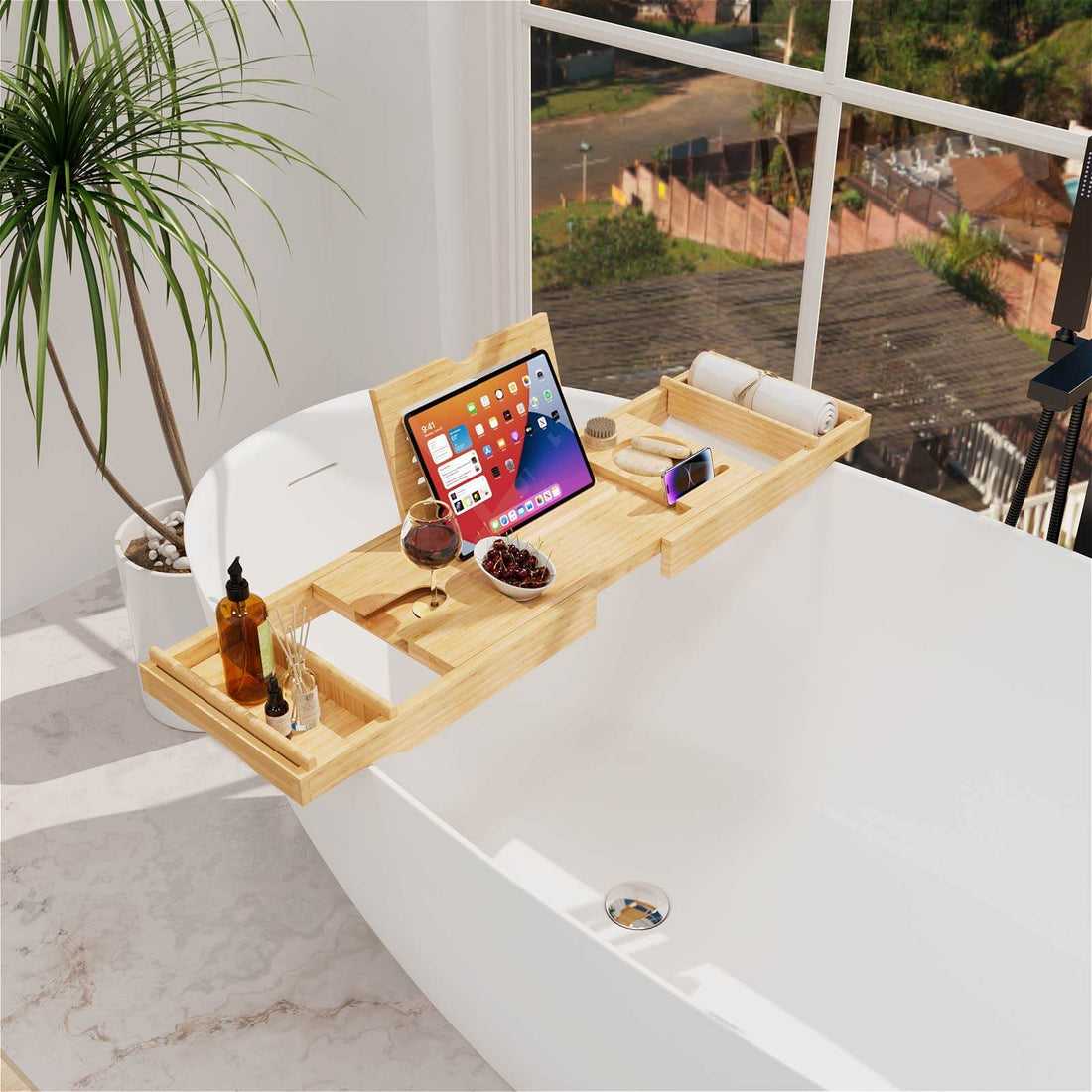 Luxury Bamboo Expandable Wood Bathtub Caddy Tray with Smartphone Tablet Book Holders, Soap Tray, Wine Glass Slot