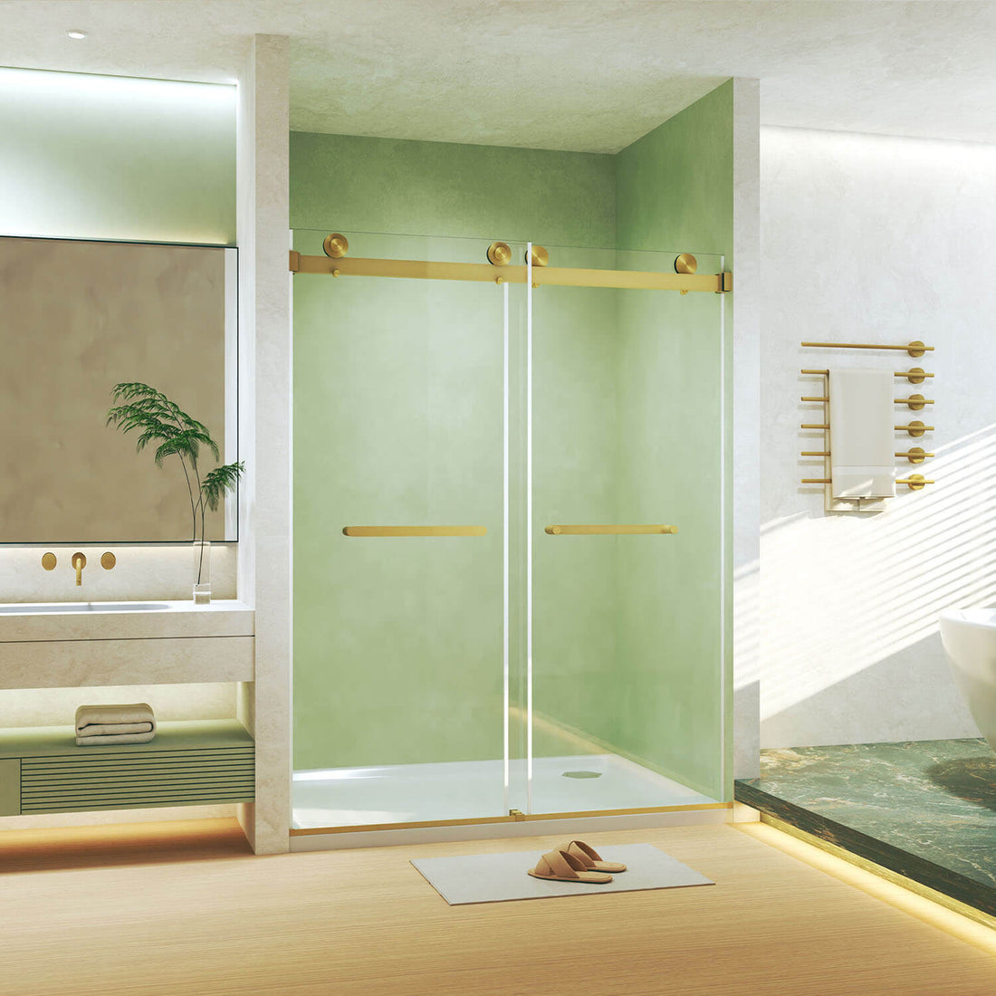 Luxury Modern Bathroom Interior Design with Brushed Gold Frameless Double Sliding Shower Door