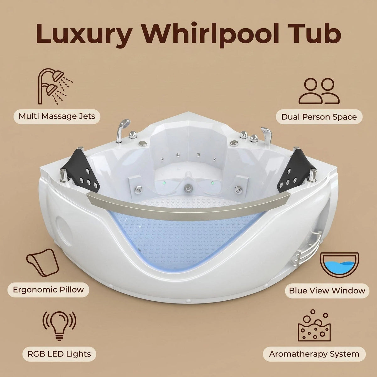 Luxury Two Person Whirlpool Tub RGB LED Aromatherapy Jets