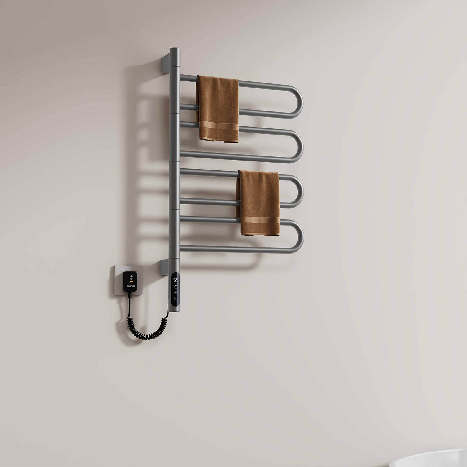 Luxury gray towel warmer with customizable heating and timer