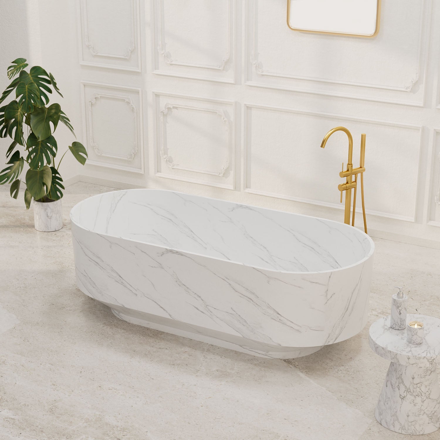 Luxury white oval soaking tub with smooth non-porous surface