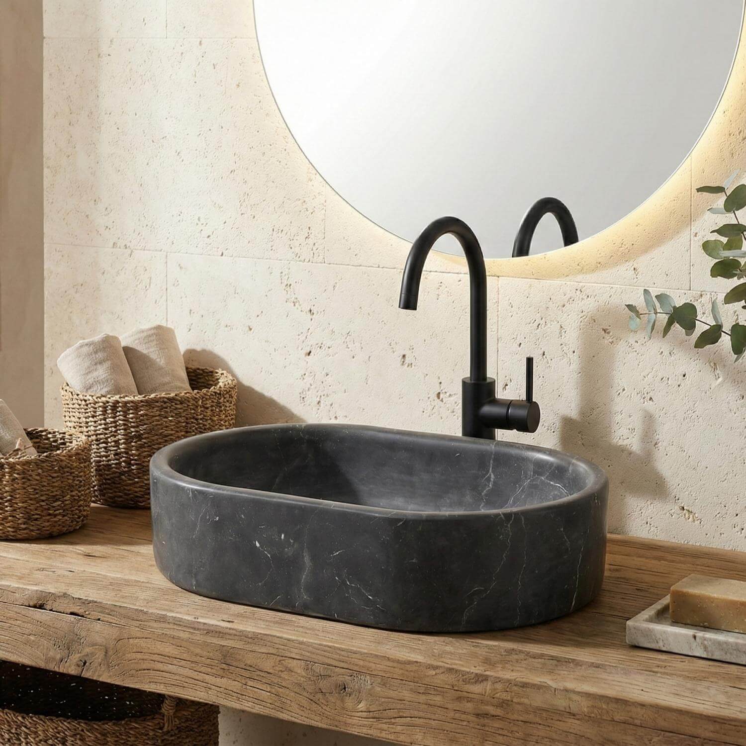 24" Matte Black Marble Oval Bathroom Vessel Sink for Vanity Countertop