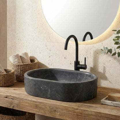 24" Matte Black Marble Oval Bathroom Vessel Sink for Vanity Countertop