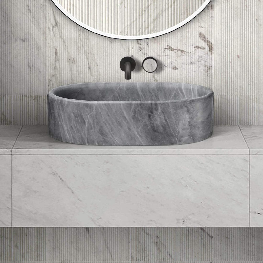 24" Gray Marble Oval Vessel Sink for Bathroom Vanity Countertop