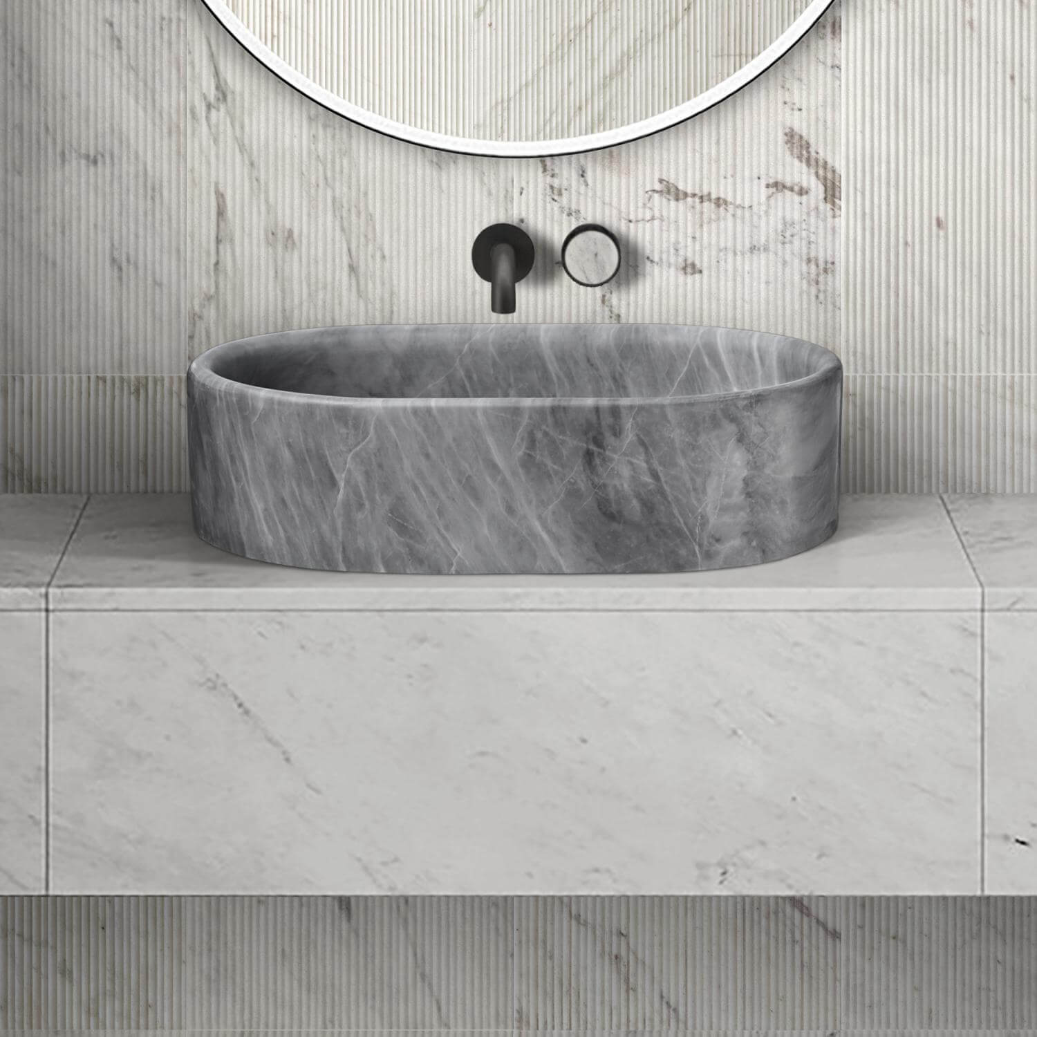24" Gray Marble Oval Vessel Sink for Bathroom Vanity Countertop