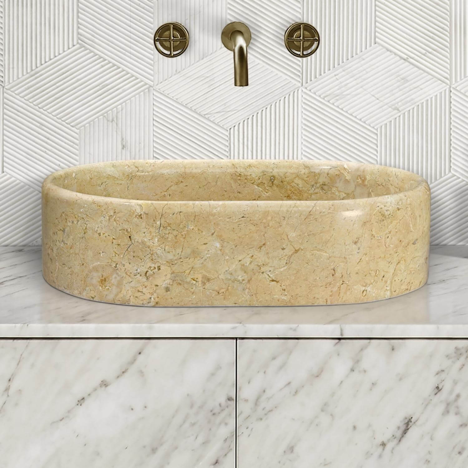 Beige Natural Marble Oval Bathroom Vessel Sink for Vanity Countertop